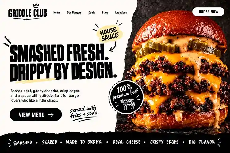Diseño web para hamburguesería de smash burgers con menú y pedidos online