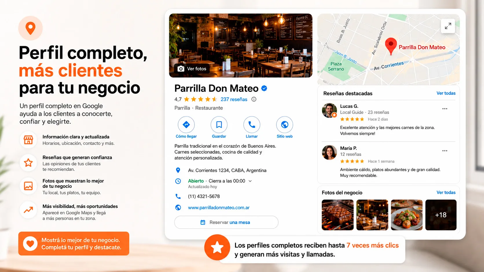 Perfil de negocio completo en Google con reseñas, fotos, ubicación y datos de contacto