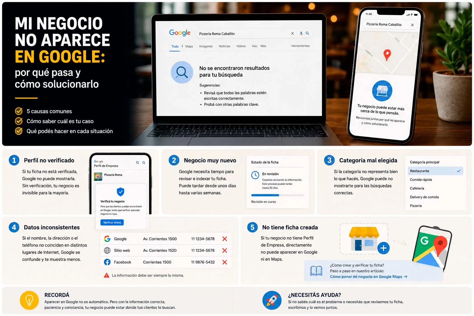Perfil no verificado, ficha nueva, categoría incorrecta y datos inconsistentes en Google