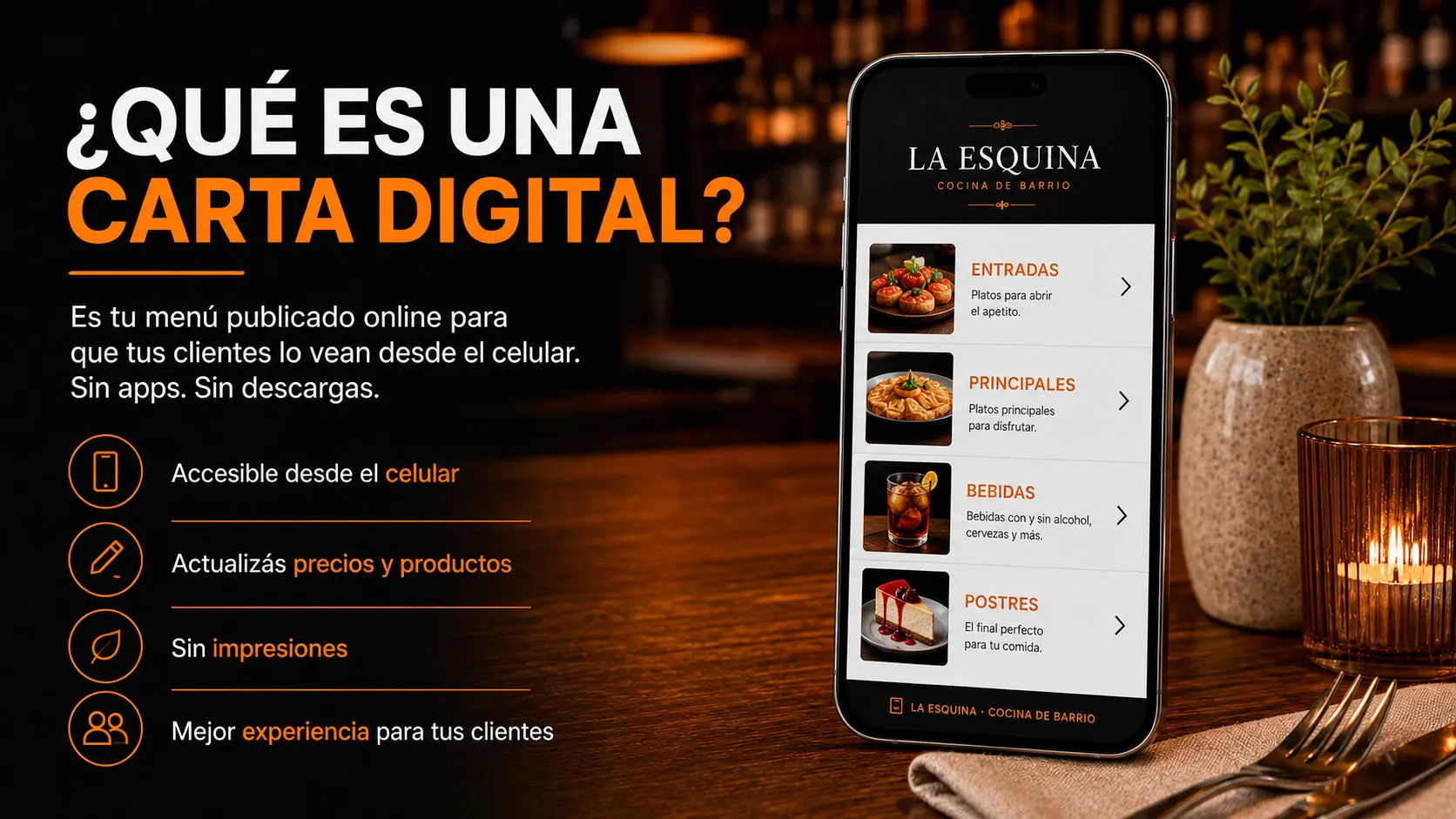 Carta digital de restaurante organizada por categorías en un celular