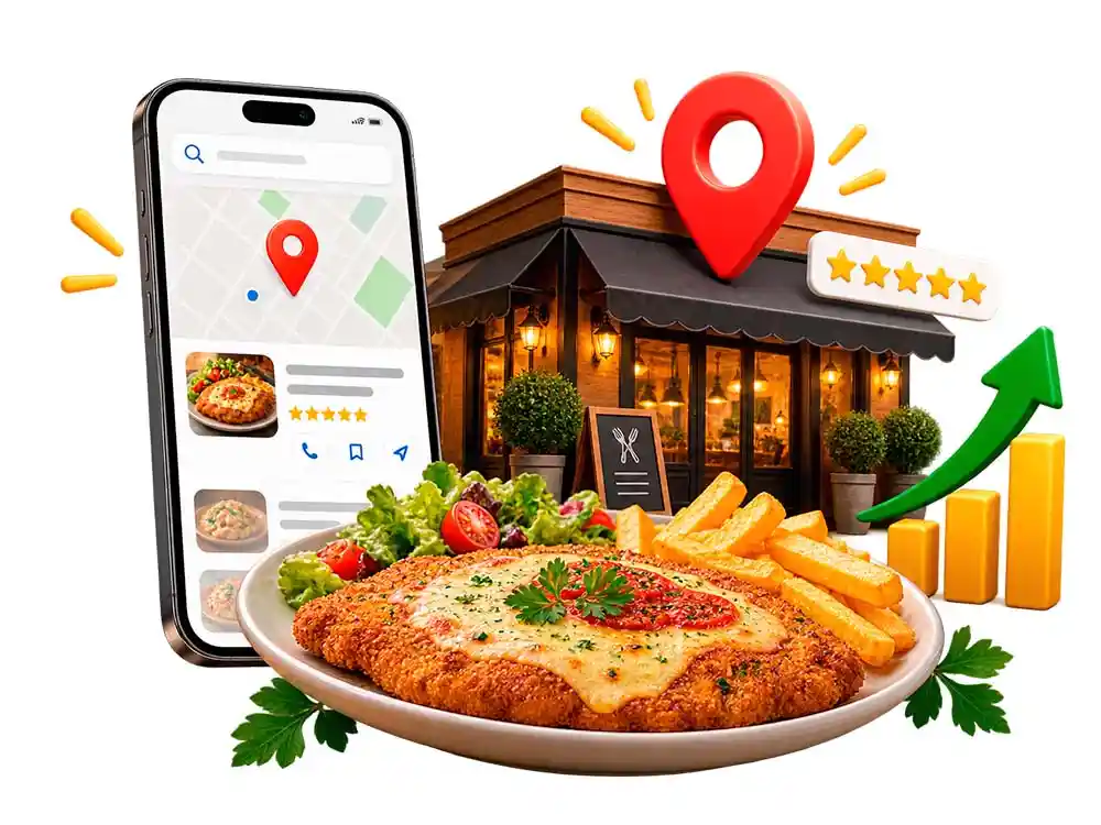 SEO local para restaurantes con web gastronómica, Google Maps y milanesa como producto destacado