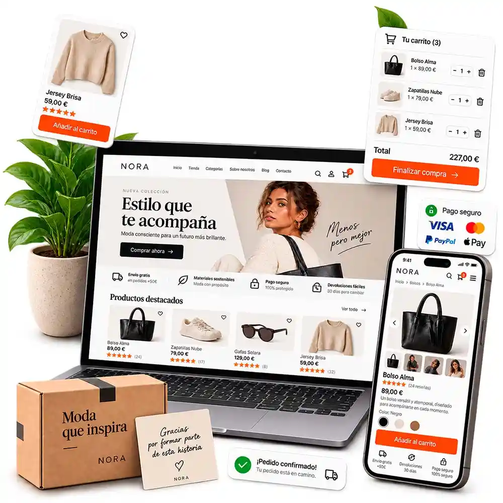Mockup de tienda online con WooCommerce en notebook y celular